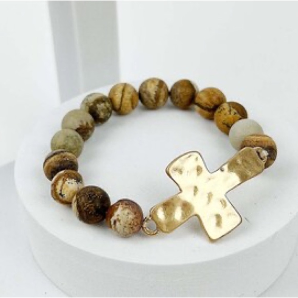 Hammered Cross Natural Stone Bracelet